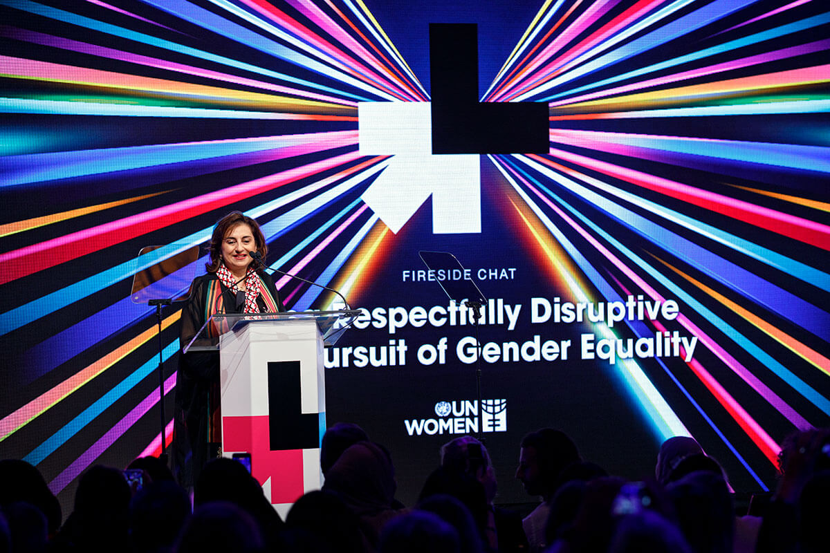 UN Women Executive Director Sima Bahous delivers the opening address at the 2023 HeForShe Summit, held in Gotham Hall, New York City, on 21 September 2023. Photo: UN Women/Ryan Brown.
