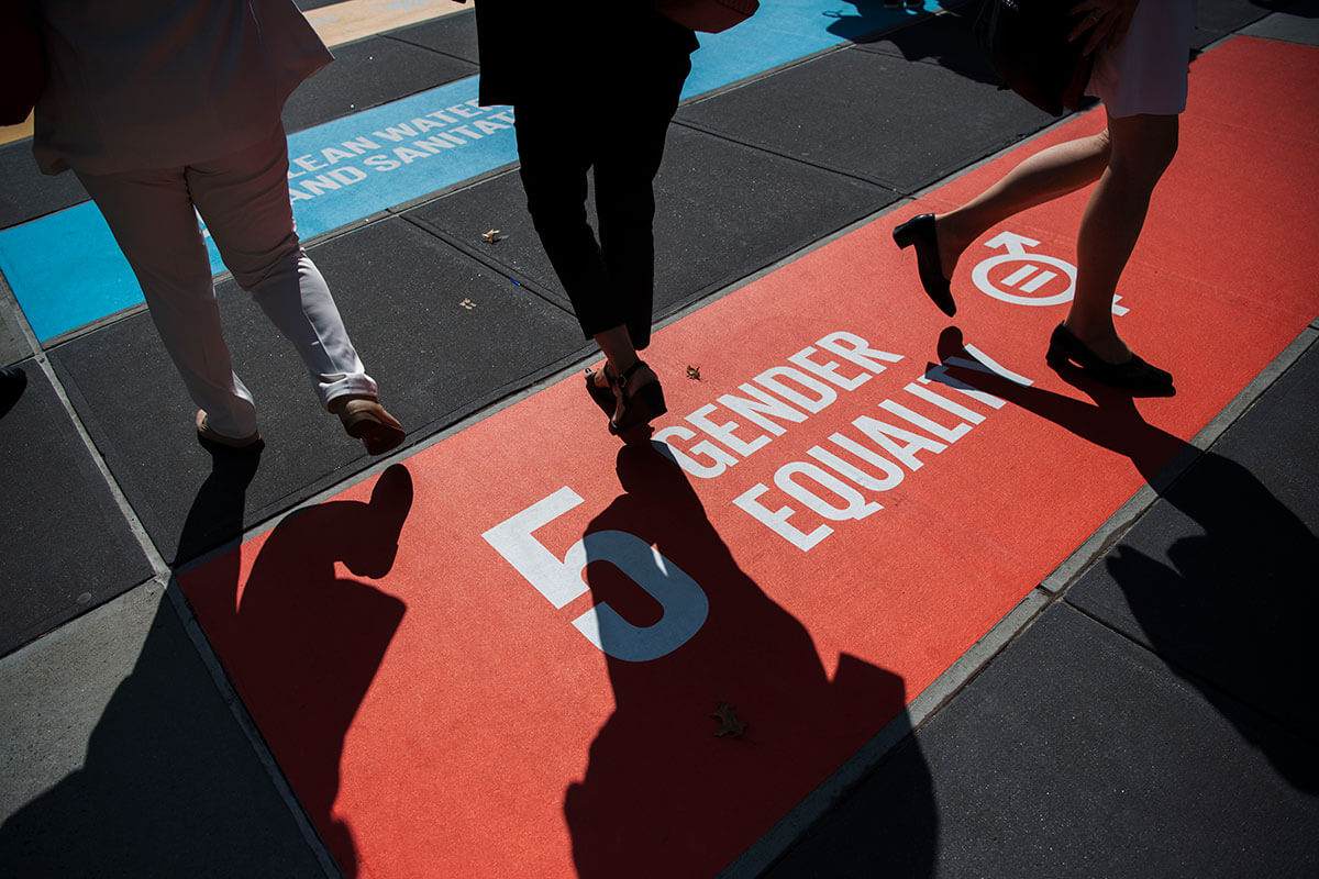 The SDG 5 Gender Equality logo is displayed with other SDG logos on a walkway at United Nations headquarters in New York during the UN General Assembly session in 2019. Photo: UN Women/Amanda Voisard.
