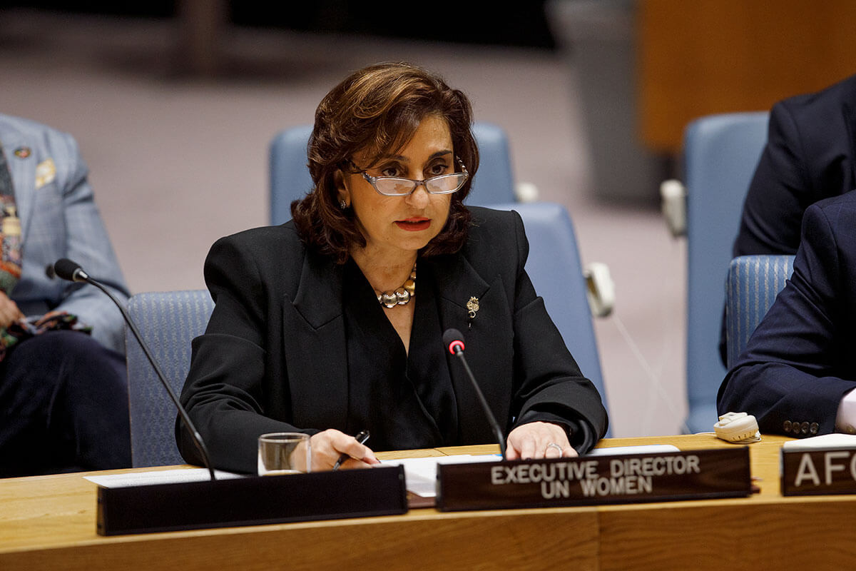 UN Women Executive Director Sima Bahous delivers remarks to the UN Security Council meeting on the situation in Afghanistan, UN Headquarters, 26 September 2023. Photo: UN Women/Ryan Brown.