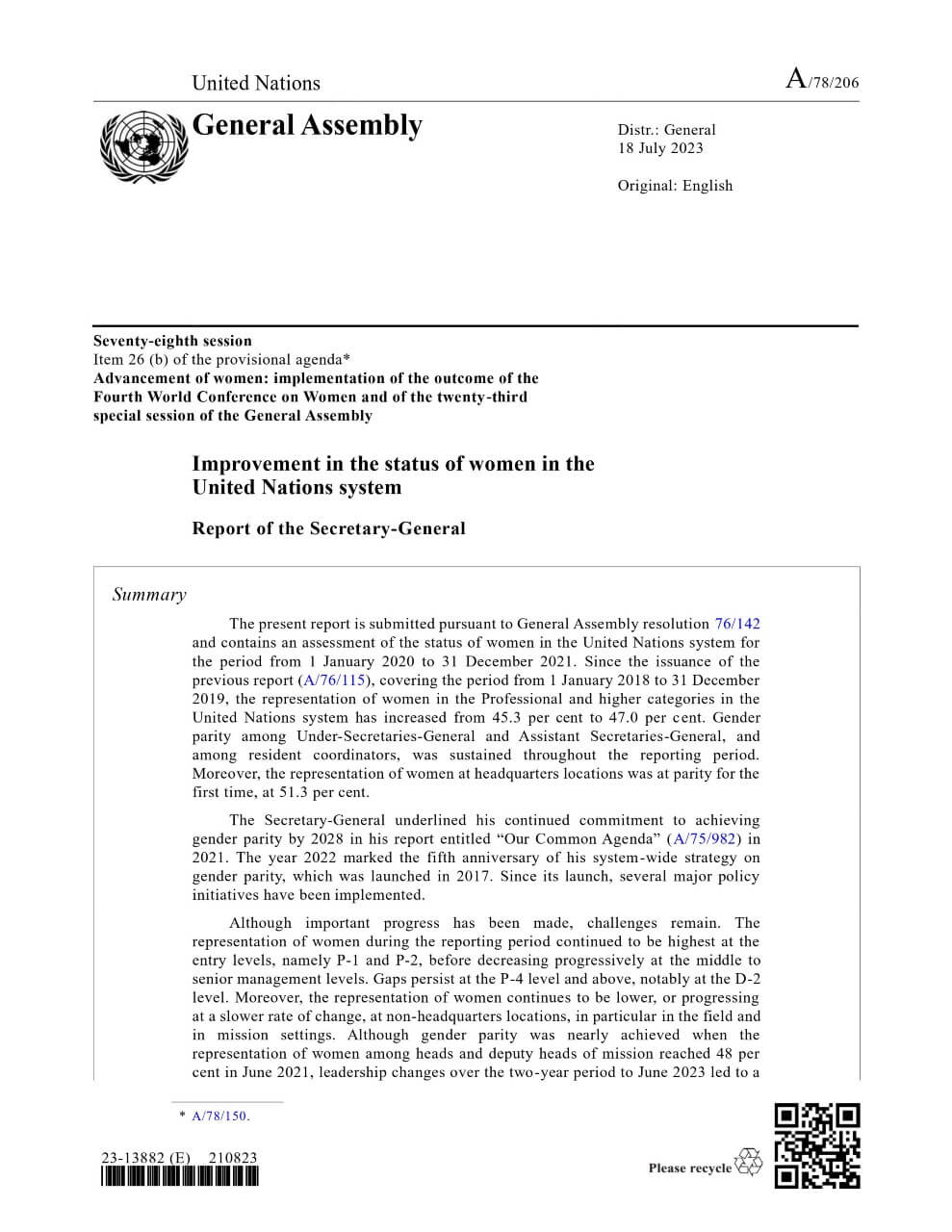 Improvement in the status of women in the United Nations system: Report of the Secretary-General (2023)