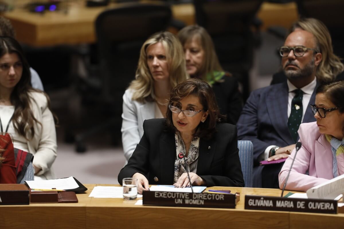 Ms. Sima Bahous, UN Under-Secretary-General and UN Women Executive Director, delivers a briefing to the UN Security Council annual open debate on women, peace and security, UN Headquarters, 25 October 2023. Photo: UN Women/Ryan Brown.