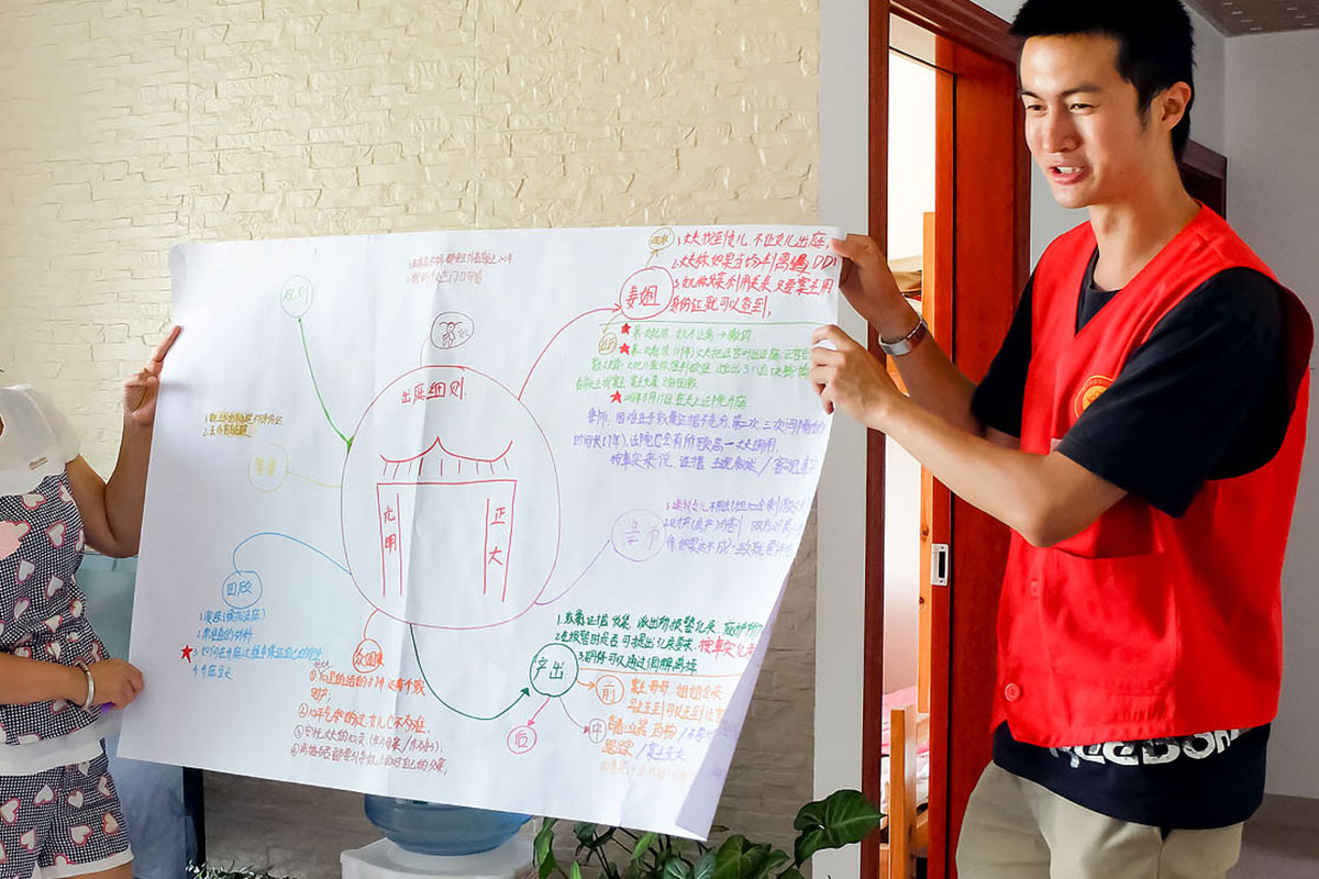 Shu Hang trabajando para crear un plan de seguridad en un refugio, en 2016.