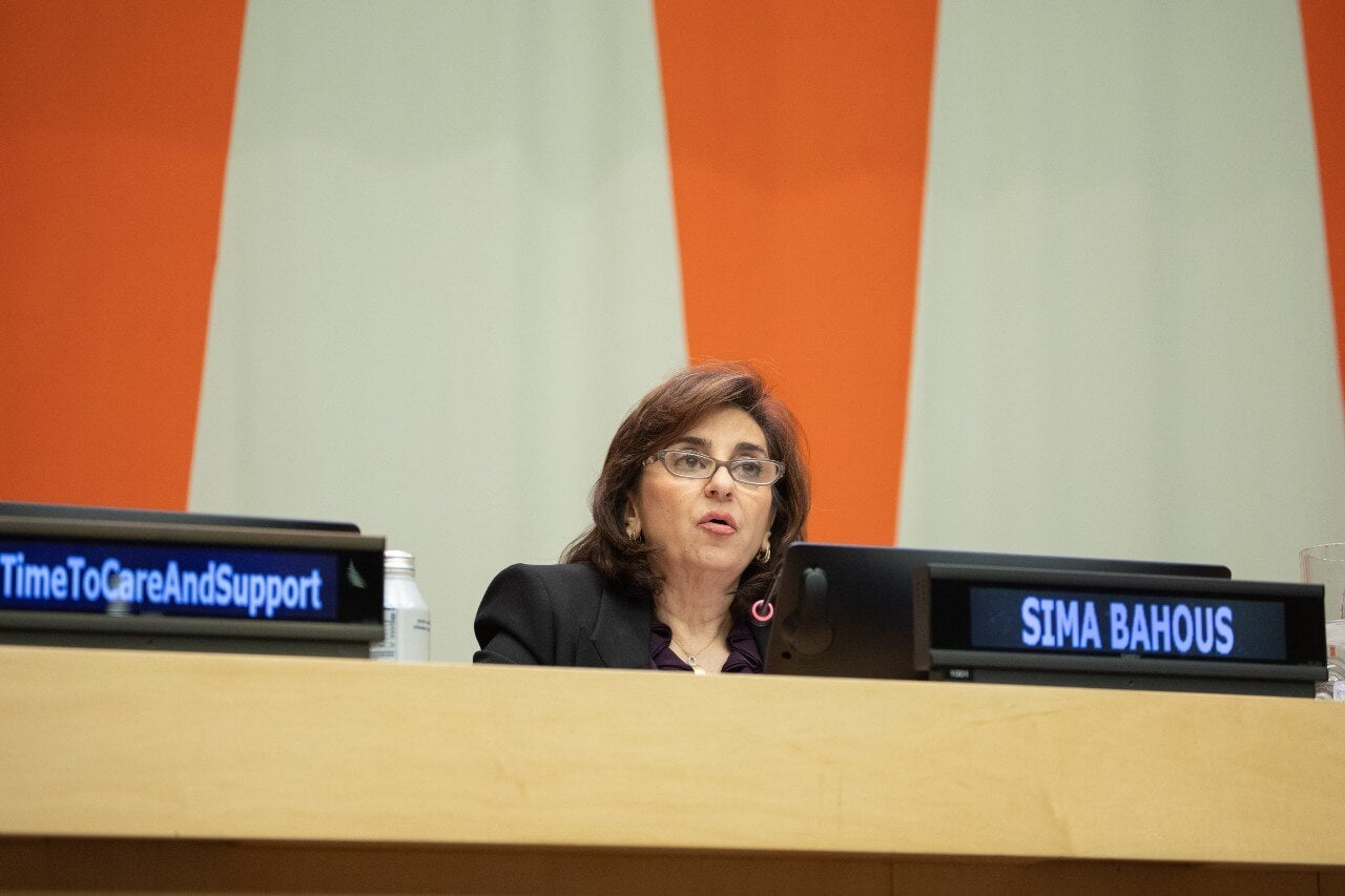 UN Under-Secretary-General and UN Women Executive Director Sima Bahous delivers closing remarks at the inaugural commemoration of the International Day of Care and Support, UN Headquarters, 31 October 2023. Photo: UN Women/Jaclyn Licht.