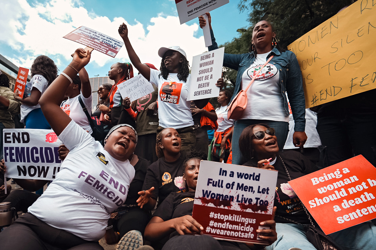 Women are seen attending a protest against femicide in Kenya in January 2024.