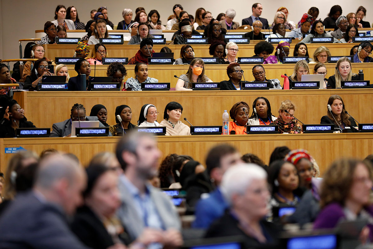 Audience attending the Generation Equality side event on feminist financing, on the margins of the 68th session of the Commission on the Status of Women. 