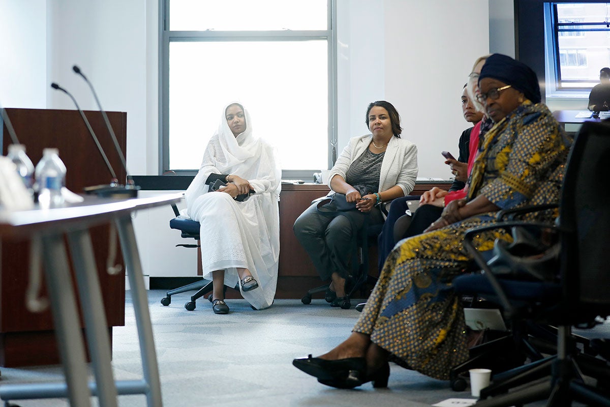 Hanin Ahmed (left) and Shaza Bala Elmahdi (right) are seen at the CSW68 Side Event “Amplifying the Voice and Agency of Women and Girls Faced by Conflict in Sudan” held on 14 March 2024 at UN Women Headquarters in New York.