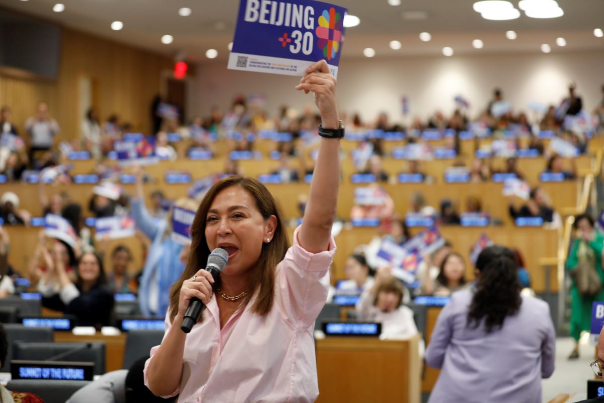 Karen Davila, an award-winning broadcast journalist, television news anchor, radio presenter, and UN Women National Goodwill Ambassador for the Philippines, moderates the event, “Beijing+30: Achieving Gender Equality, Rights and Empowerment for All Women and Girls” at the United Nations headquarters in New York, on the sidelines of the 79th session of the UN General Assembly. 