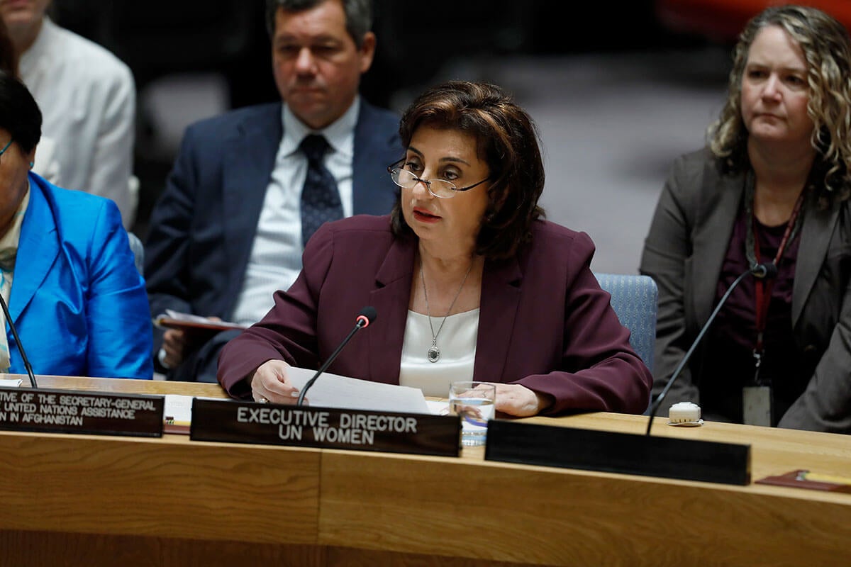UN Women Executive Director Sima Bahous addresses the UN Security Council meeting on Afghanistan at UN Headquarters on 18 September 2024. Photo: UN Women/Ryan Brown.