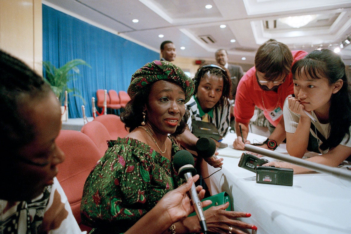 As the Fourth World Conference on Women Opens in Beijing, China, Nana Konadu Agyeman Rawlings, First Lady of Ghana, addresses correspondents in a meeting on Education, Health and Sustainable Development. Photo: UN Photo/Chen Kai Xing.