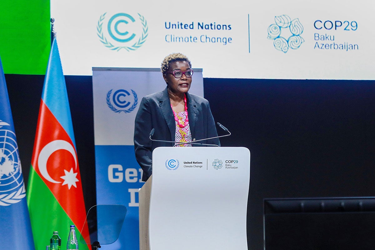 Jemimah Njuki, UN Women Chief of Women's Economic Empowerment, delivers a keynote address on Gender Day, 21 November, during the second week of the COP29 climate conference in Baku, Azerbaijan.