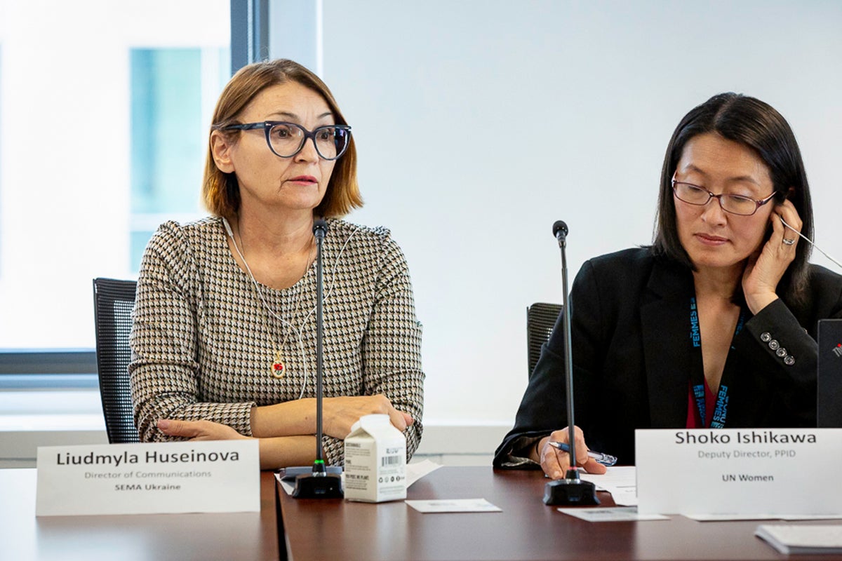 Lyudmila Huseynova (left) speaking at an event on Women, Peace and Security. Photo: Babita Patel