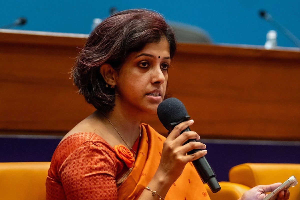 Pritha Chatterjee, from Breakthrough, India, speaks at a roundtable during the Beijing+30 Review event in Bangkok, Thailand.