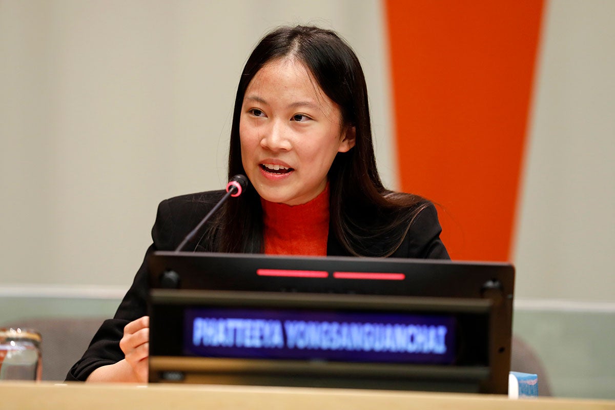 Phatteeya (Grace) Yongsanguanchai, climate activist from Thailand , speaks at the United Nations Observance of the International Day for the Elimination of Violence against Women held on Wednesday, 22 November 2023. Photo: UN Women/Ryan Brown