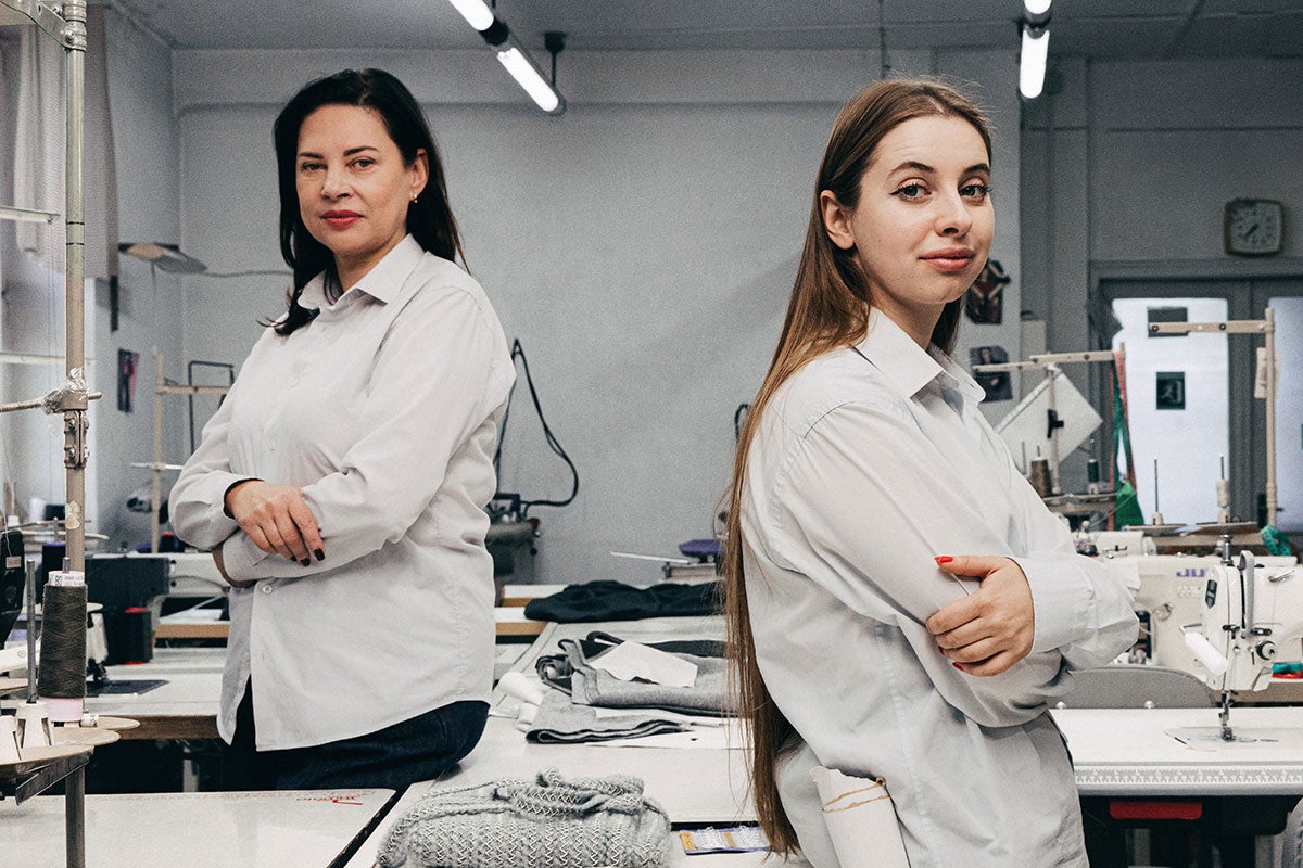 In Lviv, scientist, lawyer, public activist, and human rights defender Iryna Periv (pictured at right) and Iryna Andrusiak, lawyer and researcher specializing in gender issues (pictured at left), run a business with a goal of making “lingerie about health, not sexualization.” Photo: UN Women/Nadia Berska