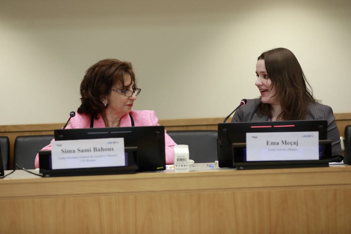 UN Women Executive Director of Sima Bahous in conversation with Albanian youth activist Ema Meçaj at a side event during CSW69 on 13 March. Photo: UN Women/Ryan Brown