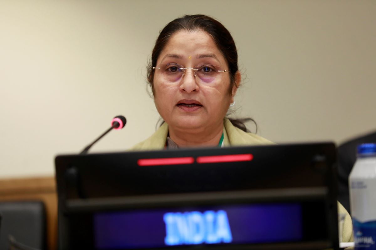 India’s Cabinet Minister of Women and Child Development, Annpurna Devi, highlighted the country’s approach to digital inclusion at the high-level Ministerial Roundtable on 12 March. Photo: UN Women/Ryan Brown