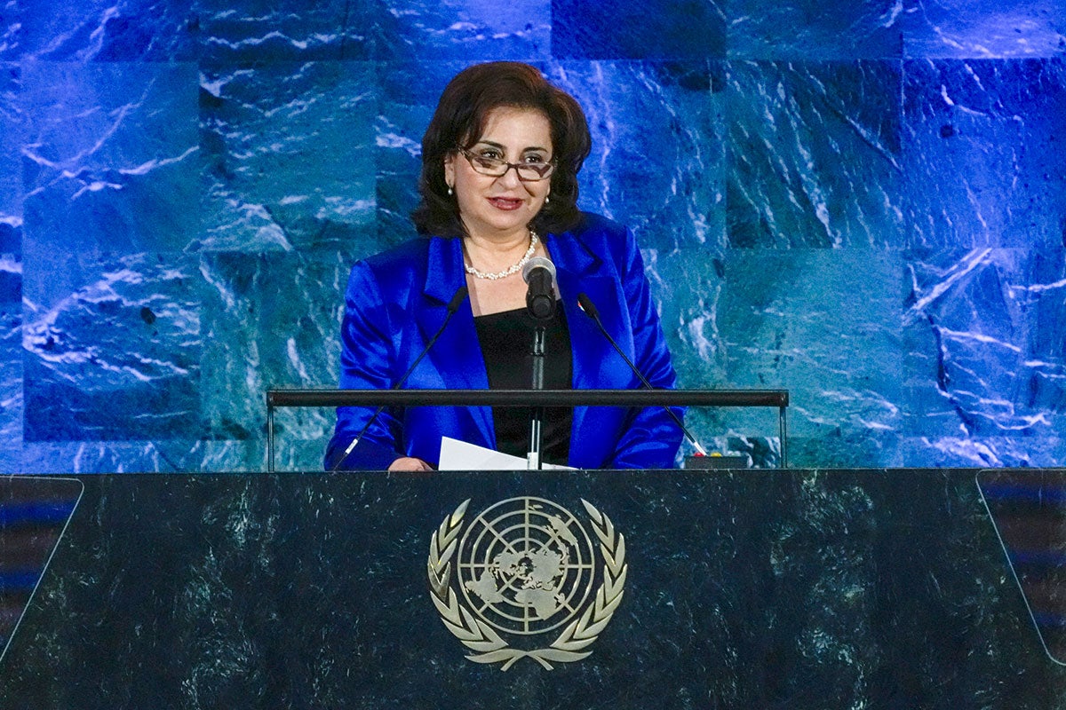 UN Women Executive Director Sima Bahous delivers welcoming remarks at the UN commemoration of International Women’s Day, 7 March 2025, UN General Assembly Hall, UN headquarters. Photo: UN Women/Ryan Brown.