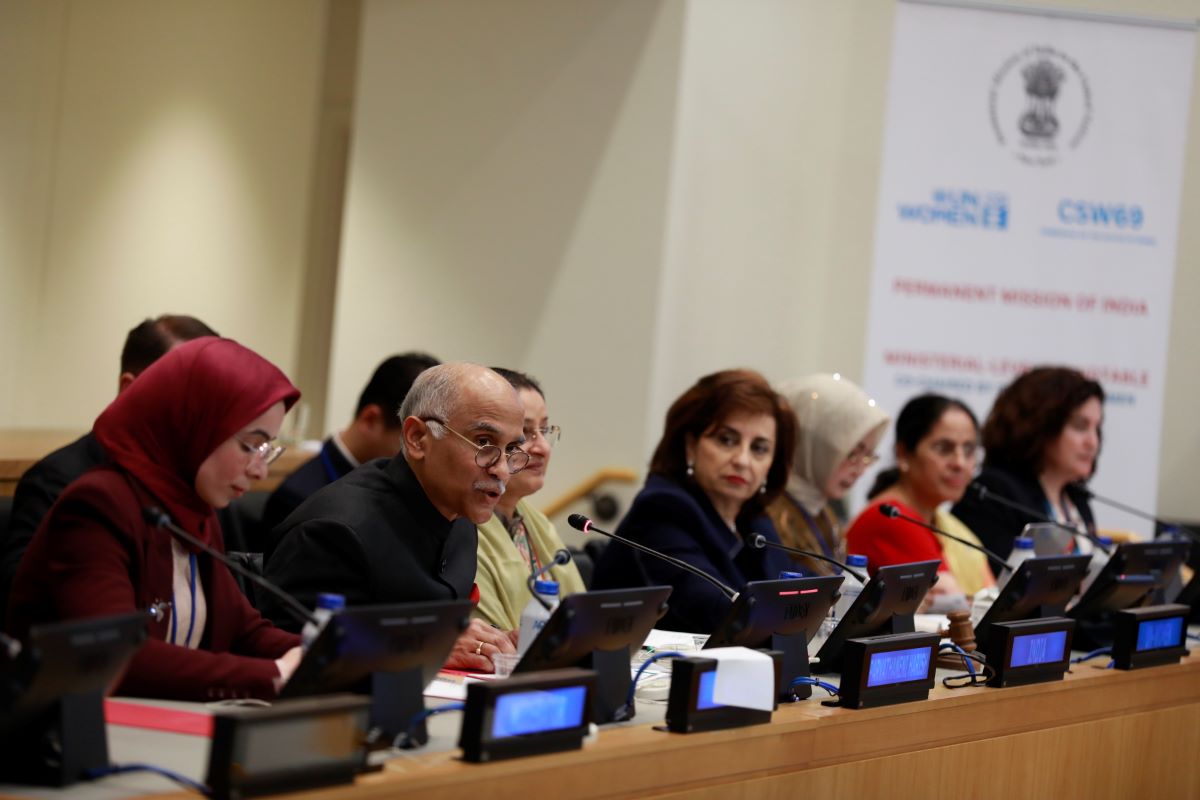 High-level panellists speak at the Ministerial Roundtable on Digital and Financial Inclusion for Women's Empowerment. Photo: UN Women/Ryan Brown