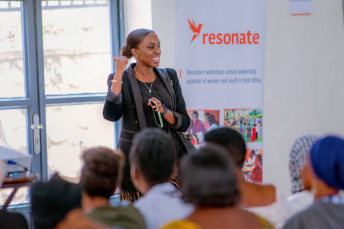 Claire Uwineza speaks at the Storytelling for Leadership workshop, hosted by Resonate, empowering National Women’s Council members with impactful communication skills. Photo Credit: Resonate