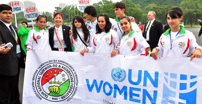 Youth in Central Asia are being engaged in efforts to prevent violence against women and girls through sports. The National Taekwondo Federation of Tajikistan conducted awareness raising campaigns among young people as well as the military. (Photo: UN Women.)