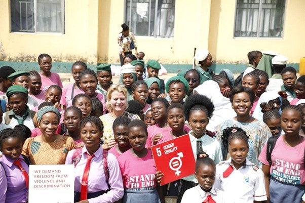 UN Women Deputy Executive Director Åsa Regnér UN Women Nigeria Country Rep, Comfort Lamptey and UN Women Regional Director for West & Central Africa, Oulimata Sarr with the young girls of Sexual Offences Awareness & Victims Rehabilitation (SOAR) Initiative. 