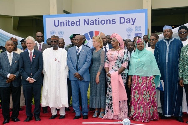 UN Women Deputy Executive Director Åsa Regnér with THE UN Resident Coordinator, Edward Kallon, Nigeria’s Minister of Women Affairs, Pauline Tallen and other dignitaries during the UN Day celebrations. 