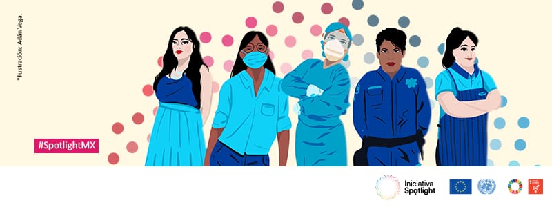 Illustrations of women on the front lines of COVID response in Mexico.