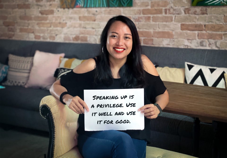 Lauralyn has a message for all. This photo was taken at a restaurant in Kuala Lumpur, Malaysia on 16 March 2021. Photo: Makissa Smeeton