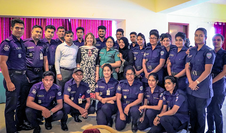 Jane Townsley with training participants in Cox’s Bazaar, Bangladesh. Her experiences in Cox’s Bazaar largely informed the peer guidance in the Police Handbook. Taken on 24 April 2019. Photo: UNWomen/Julian D’Silva