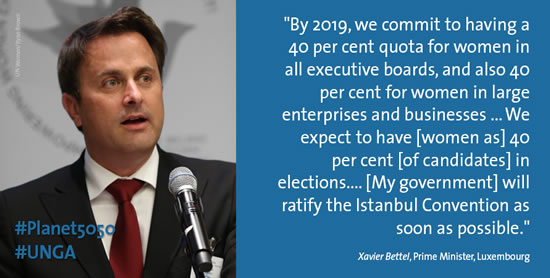 “By 2019, we commit to having a 40 per cent quota for women in all executive boards, and also 40 per cent for women in large enterprises and businesses. ... We expect to have [women as] 40 per cent [of candidates] in elections. ... [My Government] will reatify the Istanbul Convention as soon as possible.” –Xavier Bettel, Prime Minister, Luxembourg (Photo: UN Women/Ryan Brown)