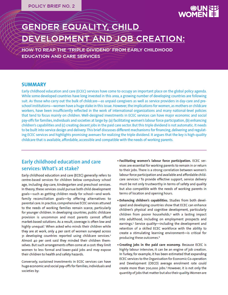 Gender equality, child development and job creation