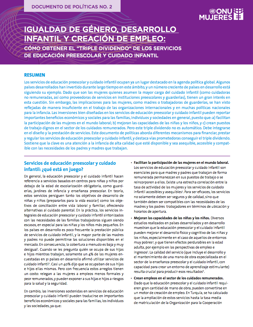 Igualdad de género, desarrollo infantil y creación de puestos de trabajo: Cómo aprovechar el "triple dividendo" de los servicios de educación y cuidados en la primera infancia