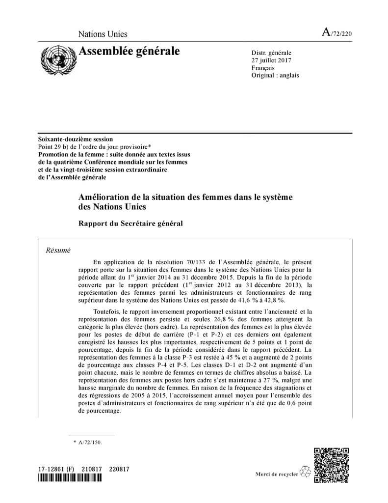 Amélioration de la situation des femmes dans le système des Nations Unies : Rapport du Secrétaire général (2017)