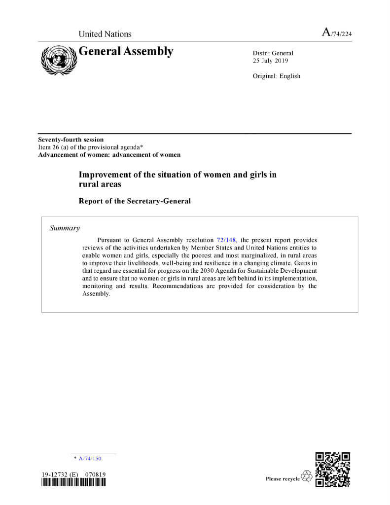 Improvement of the situation of women and girls in rural areas: Report of the Secretary-General (2019)