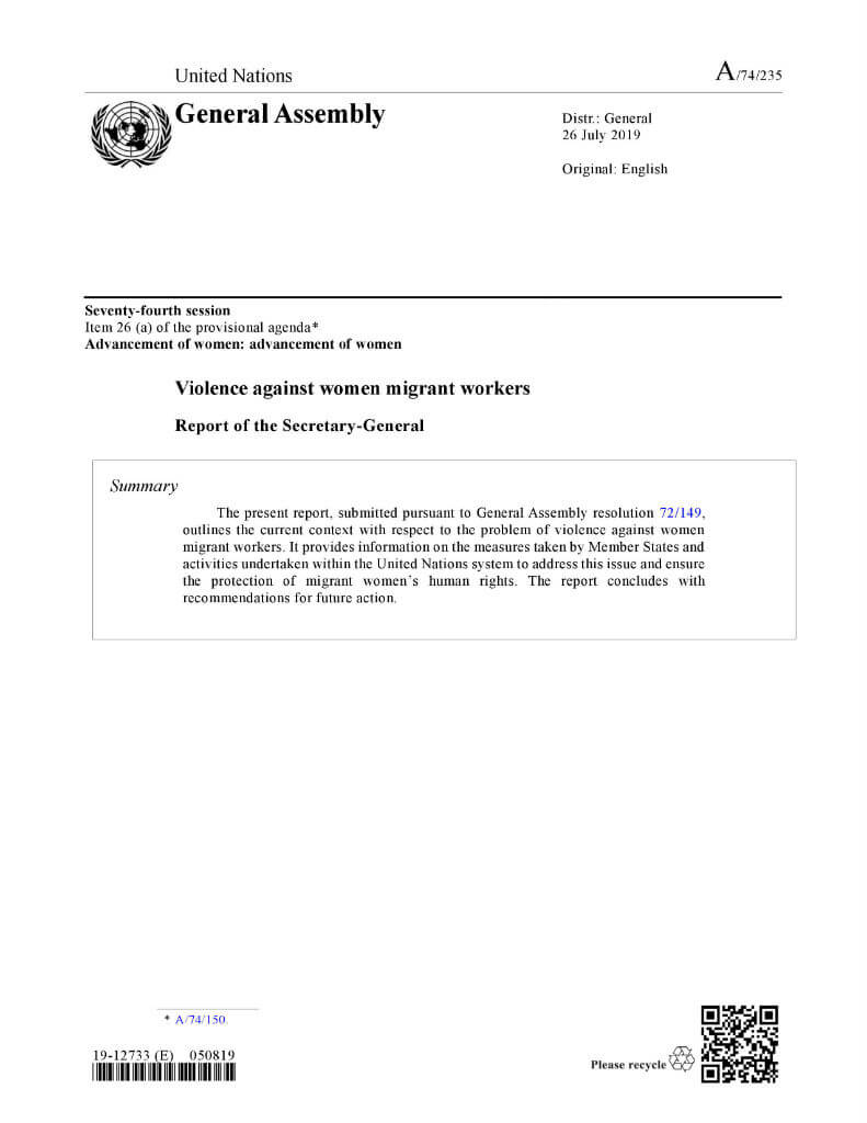 Violence against women migrant workers: Report of the Secretary-General (2019)