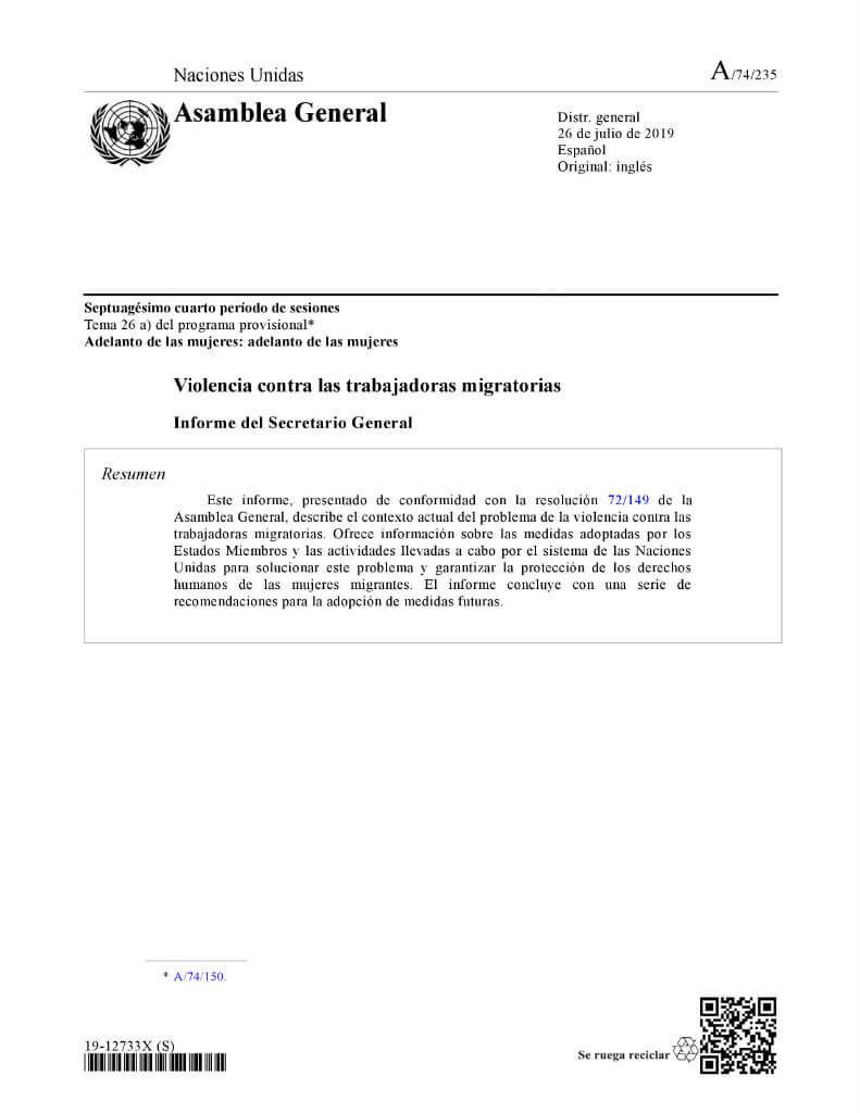 Violencia contra las trabajadoras migratorias: Informe del Secretario General (2019)
