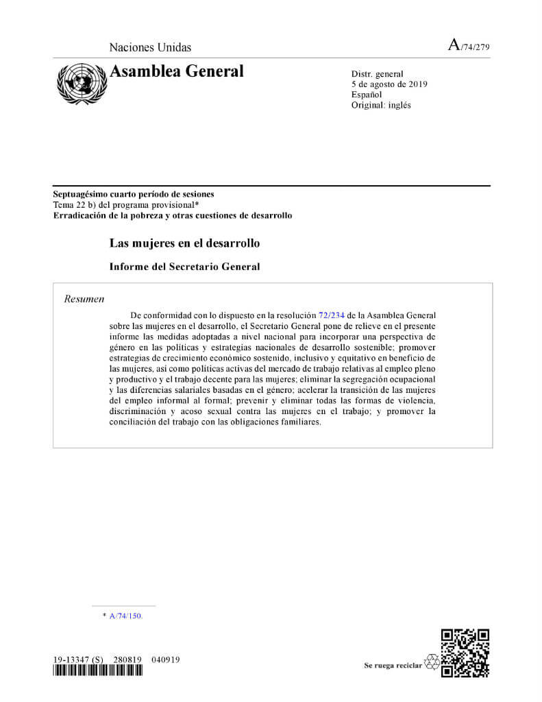 Las mujeres en el desarrollo: Informe del Secretario General (2019)