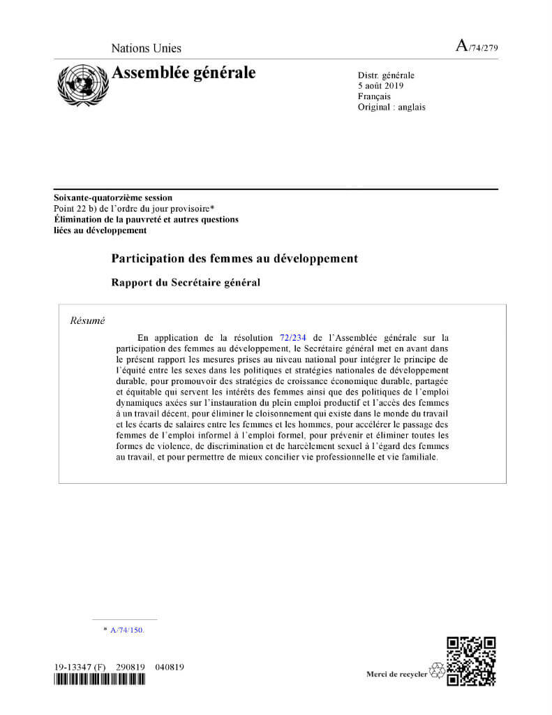 Participation des femmes au développement : Rapport du Secrétaire général (2019)