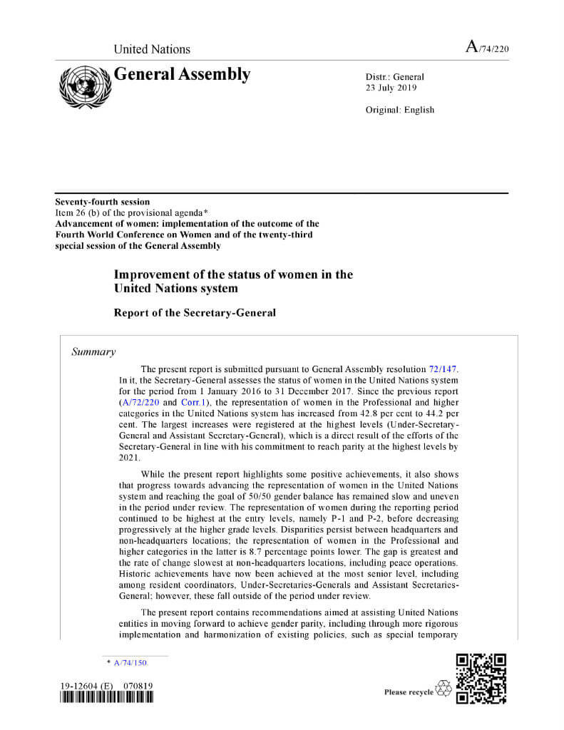 Improvement in the status of women in the United Nations system: Report of the Secretary-General (2019)