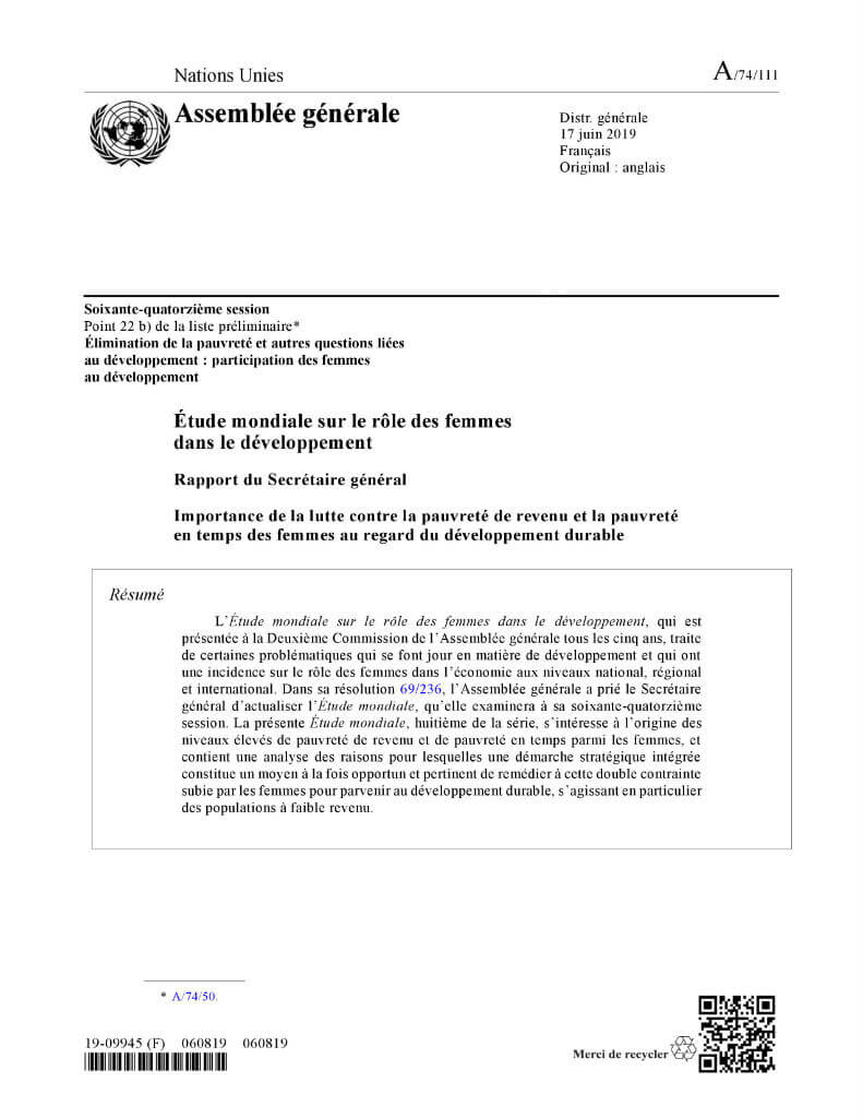 Étude mondiale sur le rôle des femmes dans le développement : Rapport du Secrétaire général (2019) : Importance de la lutte contre la pauvreté de revenu et la pauvreté en temps des femmes au regard du développement durable