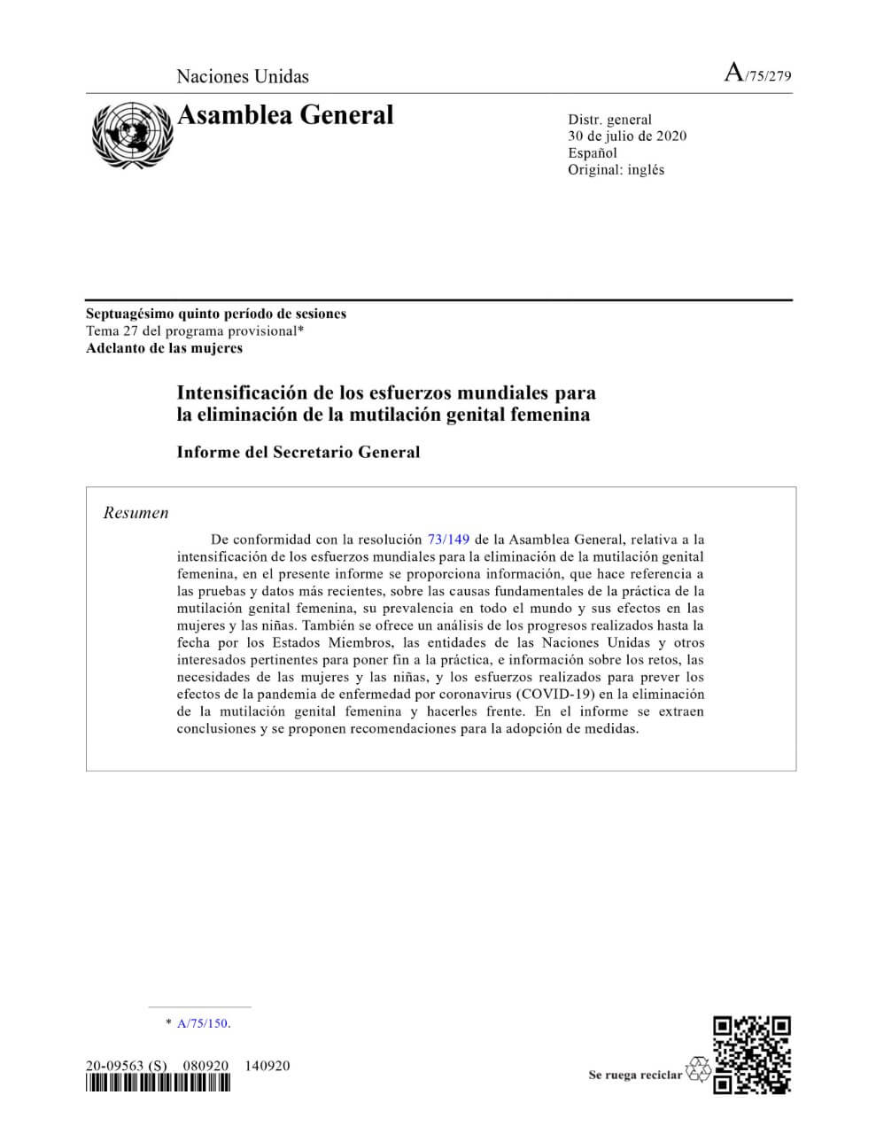 Intensificación de los esfuerzos mundiales para la eliminación de la mutilación genital femenina: Informe del Secretario General (2020)