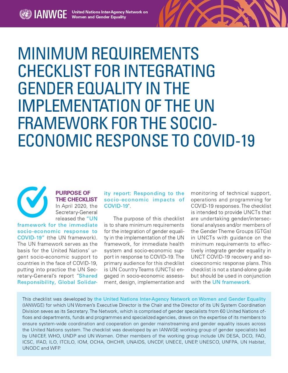Minimum requirements checklist for integrating gender equality in the implementation of the UN Framework for the Socioeconomic Response to COVID-19