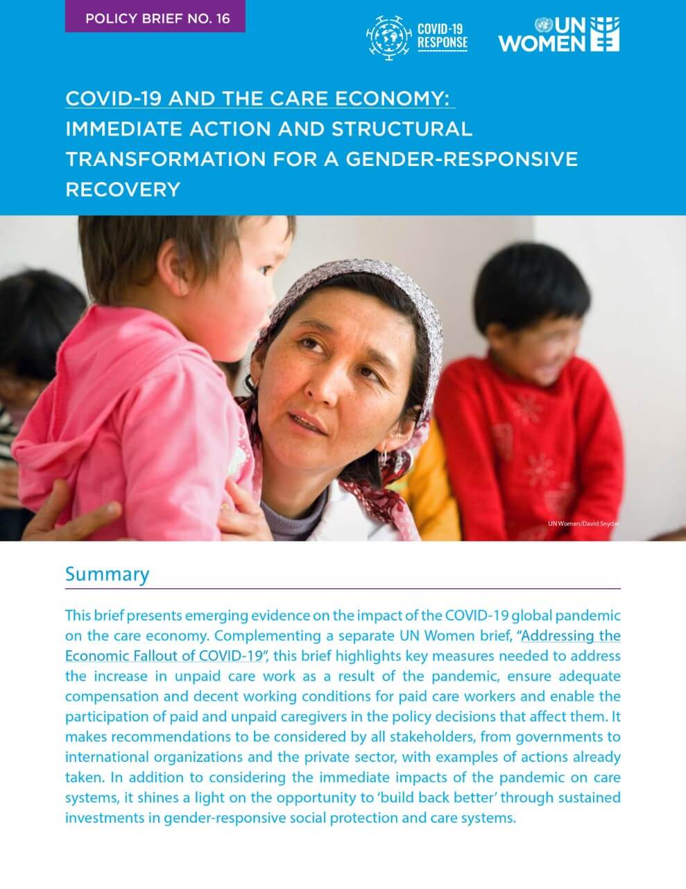 COVID-19 and the care economy: Immediate action and structural transformation for a gender-responsive recovery