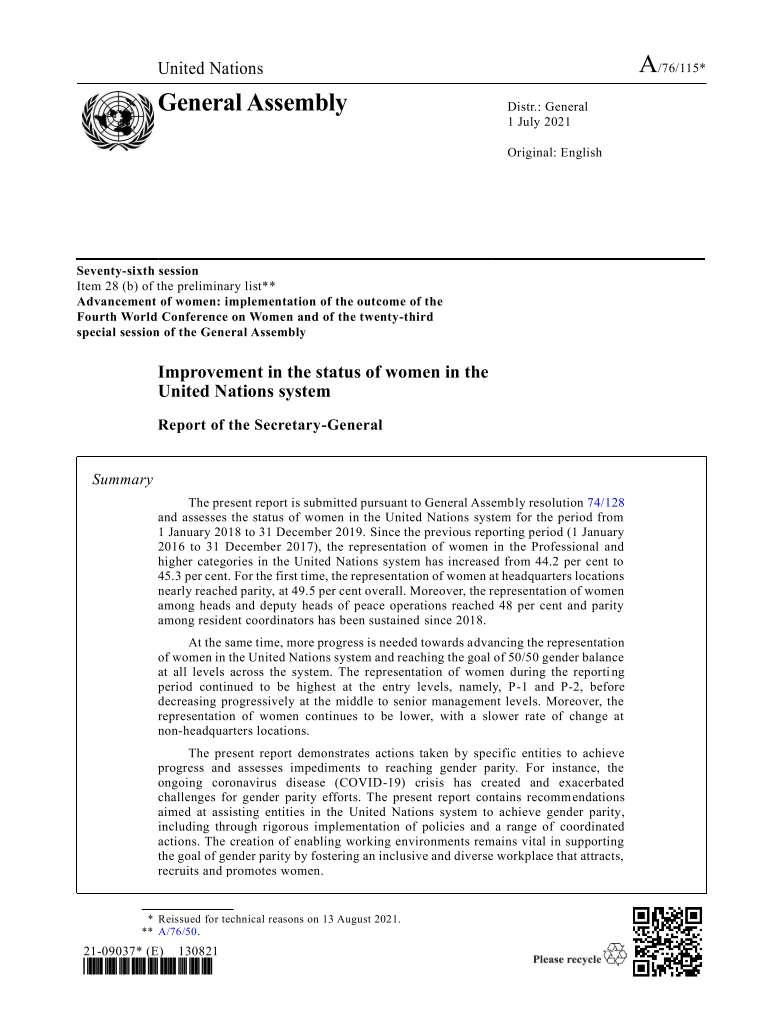 Improvement in the status of women in the United Nations system: Report of the Secretary-General (2021)