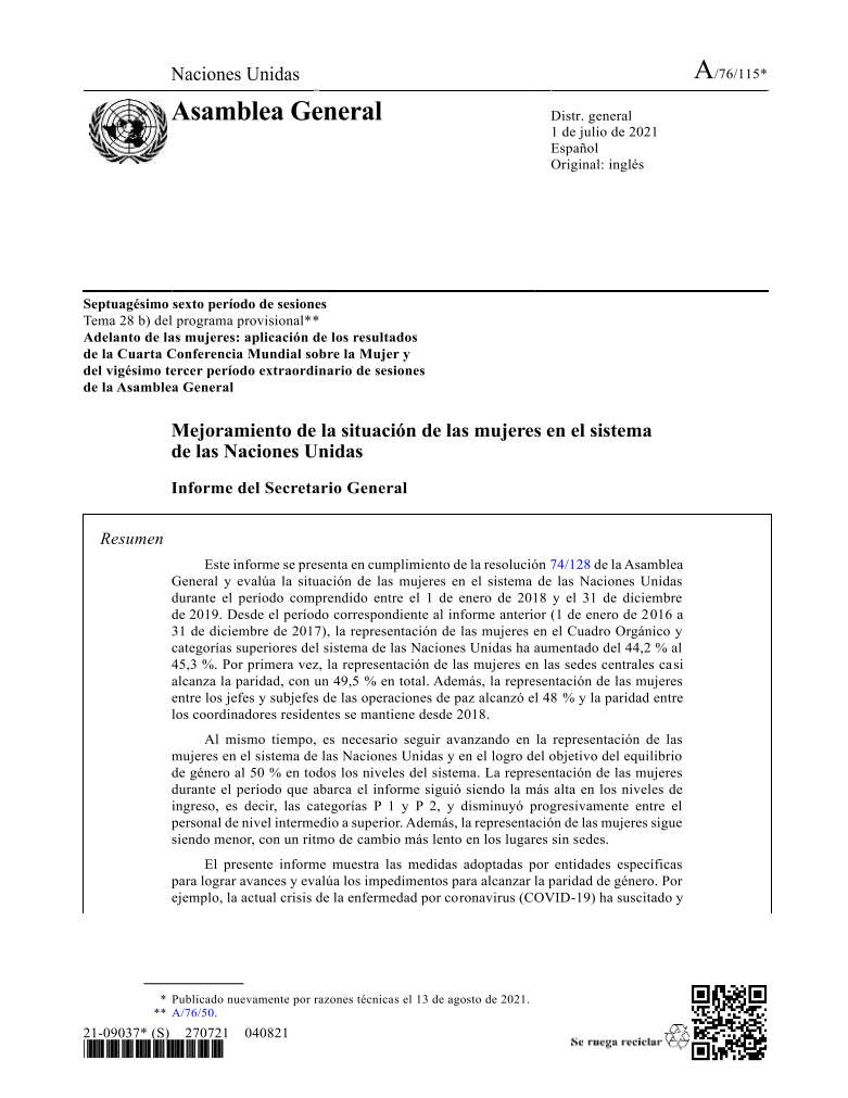 Mejoramiento de la situación de las mujeres en el sistema de las Naciones Unidas: Informe del Secretario General (2021)