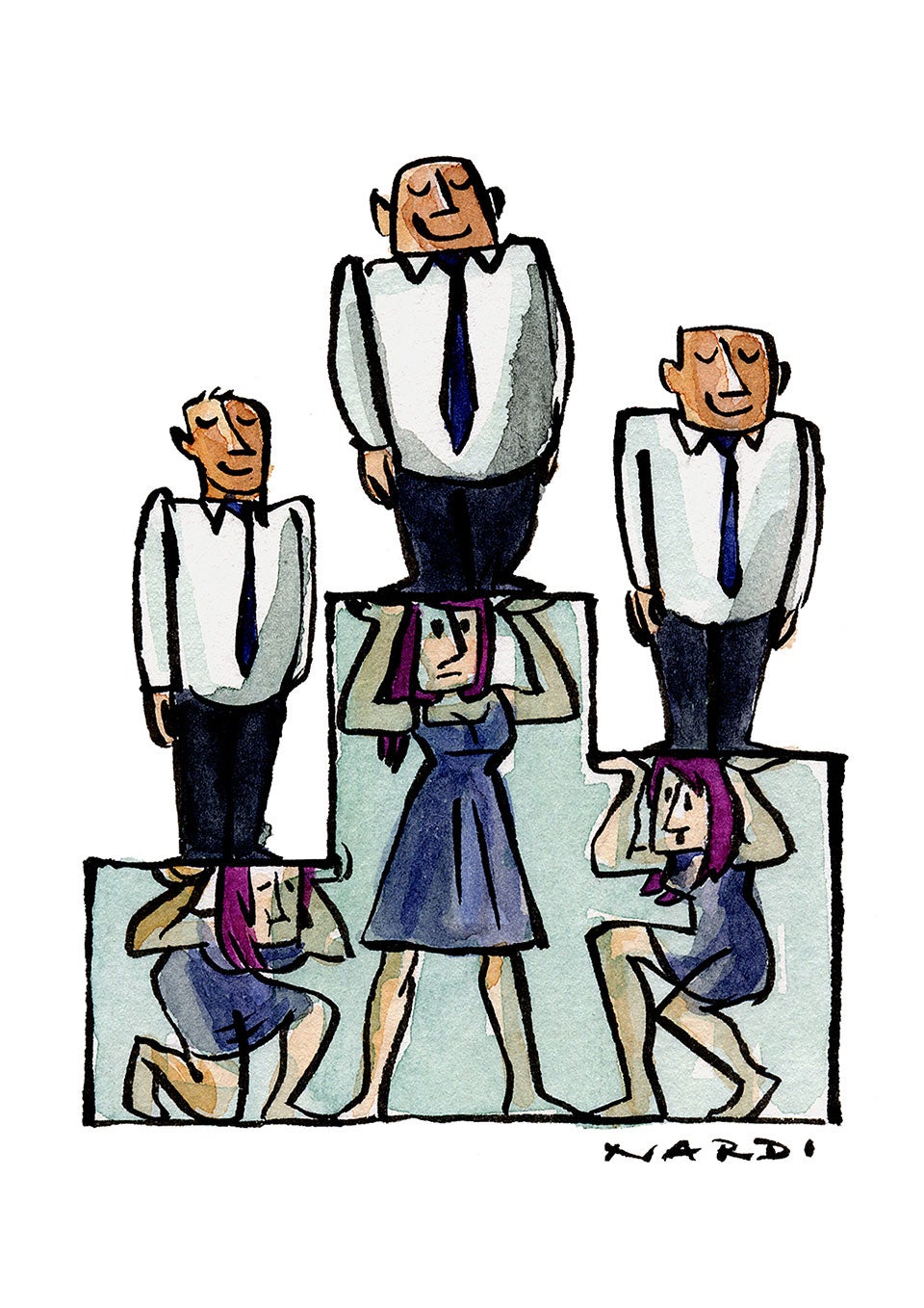 Men stand on a podium supported by women.