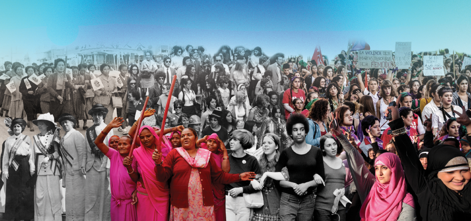 collage of women marches and activism through history