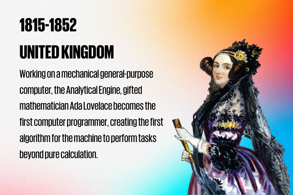1815-1852 UNITED KINGDOM Working on a mechanical general-purpose computer, the Analytical Engine, gifted mathematician Ada Lovelace becomes the first computer programmer, creating the first algorithm for the machine to perform tasks beyond pure calculation. 