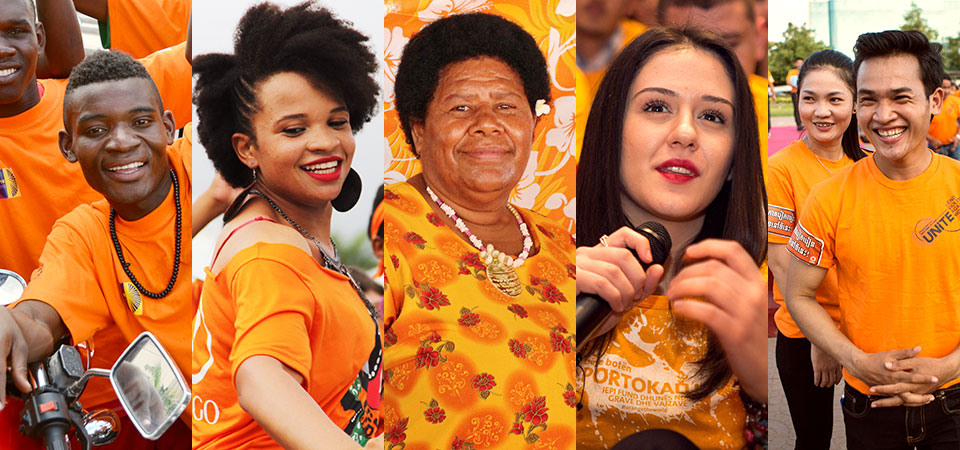 Women and men around the world wear orange. Photos (L-R):UN Women/Stephanie Raison, UNDP/Tiago Zenero, UN Women/Ellie van Baaren, UN Albania/Olsi Beci, UN Women/Niels den Hollander