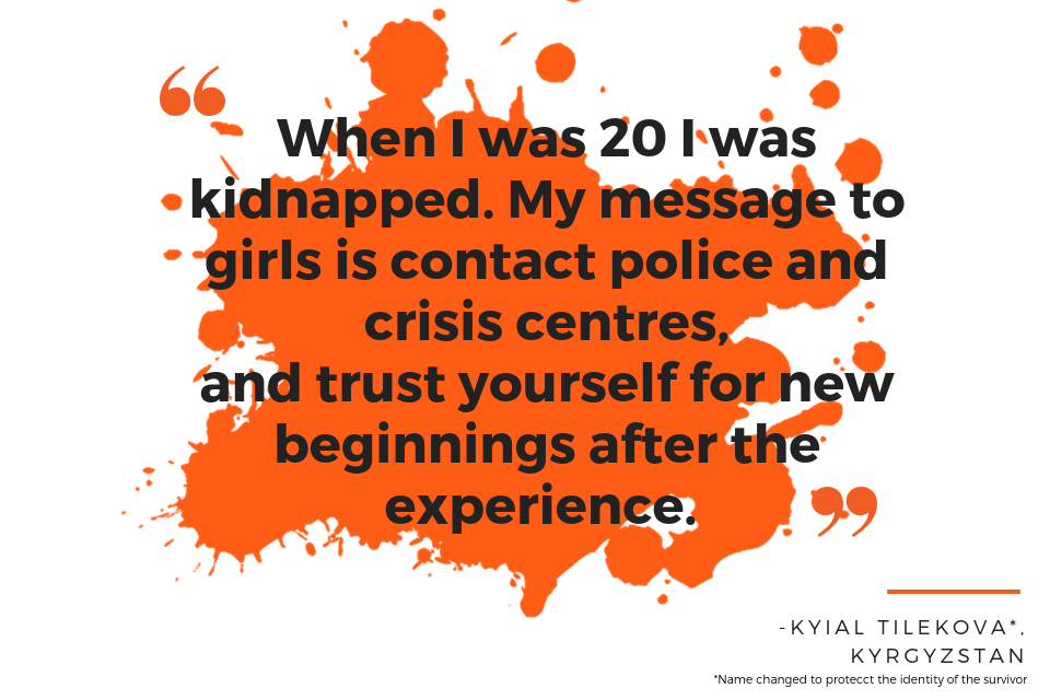 When  I was 20 I was kidnapped. My message to girls is contact police and crisis centres, and trust yourself for new beginnings after the experience.  - Kyial Tilekova*, name has been changed to protect the identity of the individual